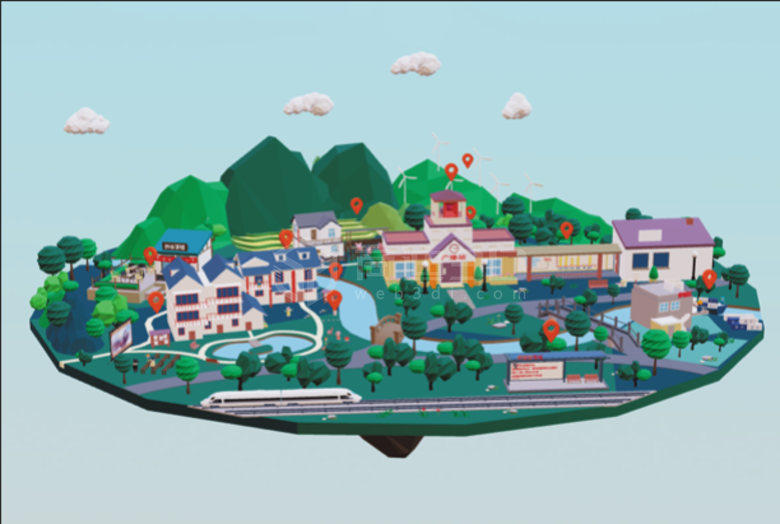 卡通小鎮3d島嶼模型數字化三維展示